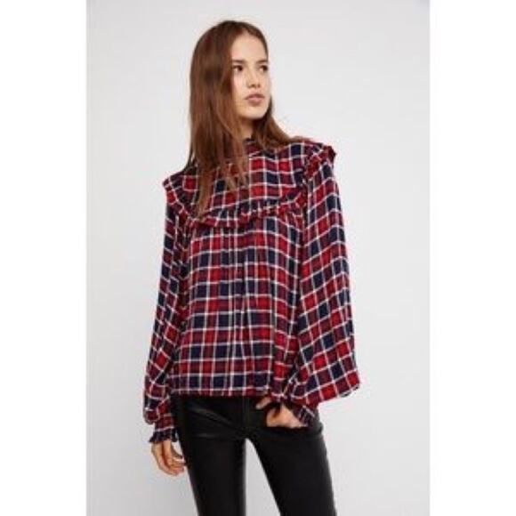 Free People Charlie Ruffle Plaid Blouse - Picture 1 of 6